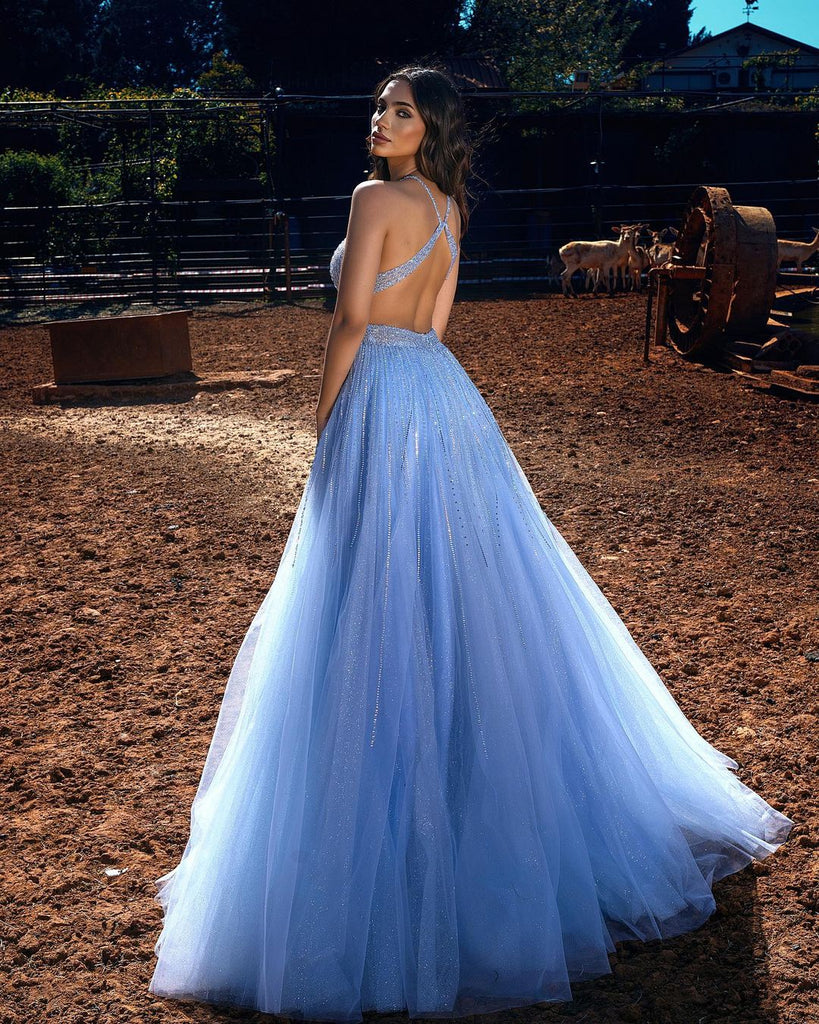 Elegant Halter A-line Sleeveless Tulle Blue Long Prom Dresses Evening Dress, OL831