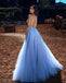 Elegant Halter A-line Sleeveless Tulle Blue Long Prom Dresses Evening Dress, OL831