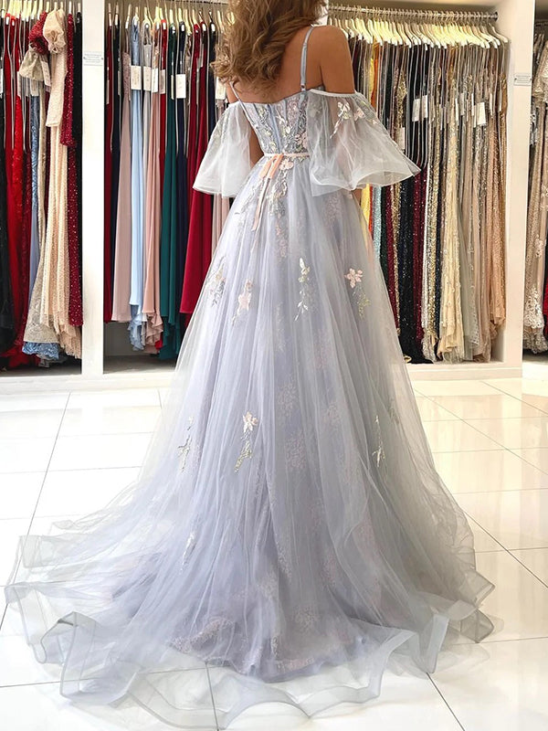 Elegant Off the Shoulder Spaghetti Straps A-line Tulle Grey Long Prom Dresses Evening Dress, OL832