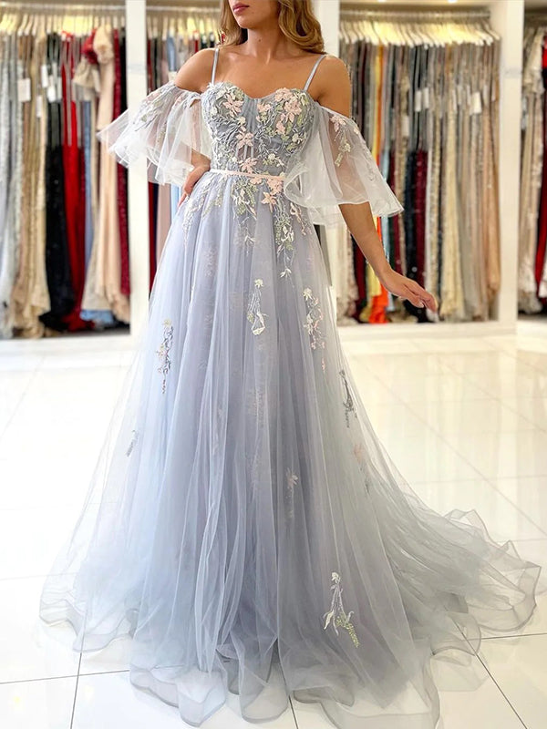 Elegant Off the Shoulder Spaghetti Straps A-line Tulle Grey Long Prom Dresses Evening Dress, OL832