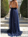 Sparkly Spaghetti Straps Deep V-neck A-line Backless Tulle Long Prom Dresses Evening Dress, OL833