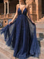 Sparkly Spaghetti Straps Deep V-neck A-line Backless Tulle Long Prom Dresses Evening Dress, OL833