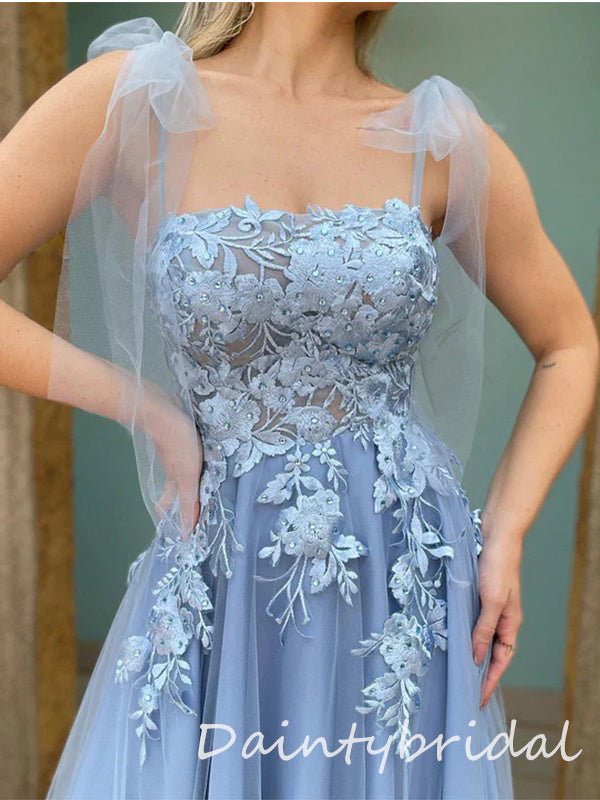 Elegant Grey Blue Tulle Straps Straight Neck A-line Applique Long Prom Dresses Evening Dress, OL882