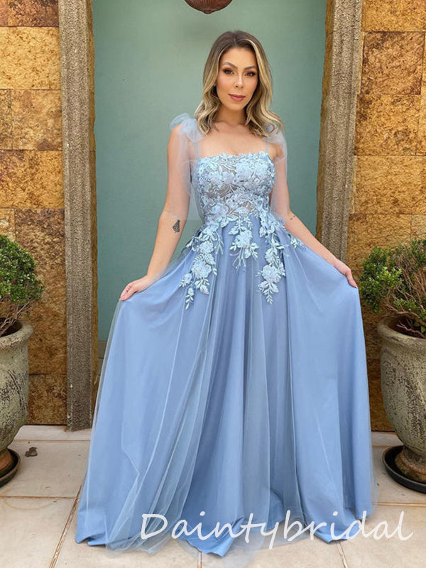 Elegant Grey Blue Tulle Straps Straight Neck A-line Applique Long Prom Dresses Evening Dress, OL882