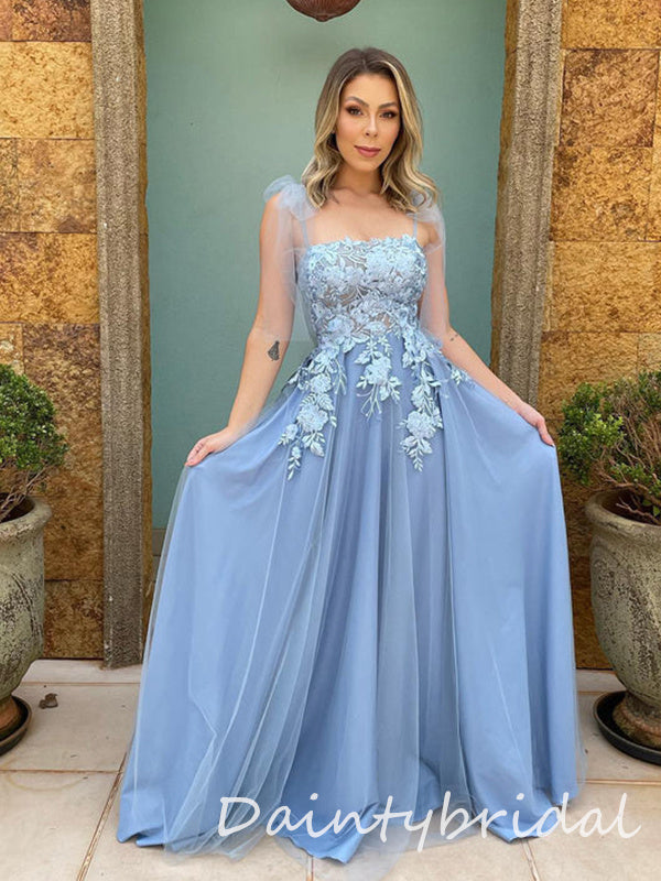 Elegant Grey Blue Tulle Straps Straight Neck A-line Applique Long Prom DaintyBridal Elegant Grey Blue Tulle Straps Straight Neck A-line Applique Long Prom DaintyBridal