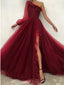 Elegant Burgundy One Shoulder Long Sleeve Tulle Ruffle A-line Long Prom Dresses Evening Dress, OL840