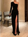 Elegant Black One Shoulder Long Sleeve Sheath Long Prom Dresses Evening Dress with Side Slit, OL841