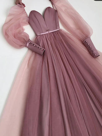 Elegant Pink Long Sleeves V-neck A-line Tulle Long Prom Dresses Evening Dress, OL842