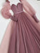 Elegant Pink Long Sleeves V-neck A-line Tulle Long Prom Dresses Evening Dress, OL842