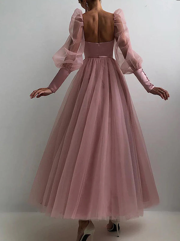 Pink Tulle Tea Length Prom Dress, Pink Tulle Formal Dress US 12 / Pink
