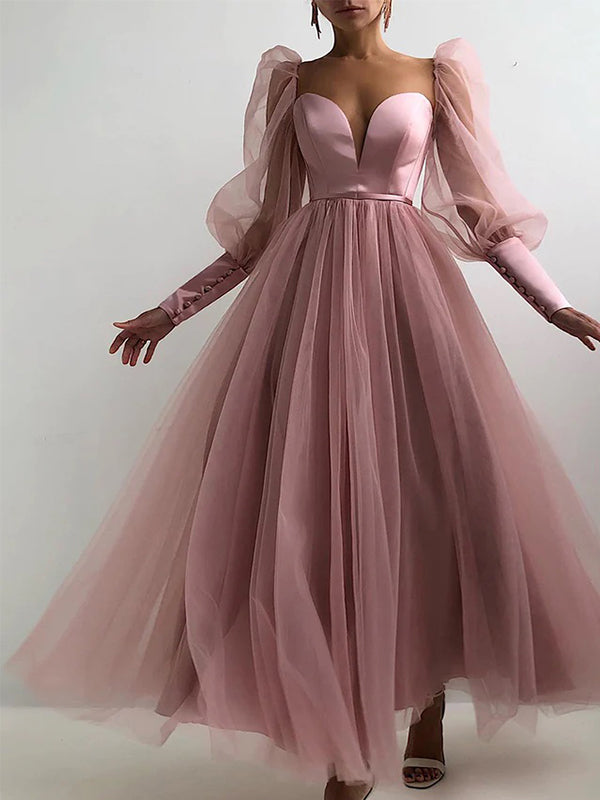Elegant Pink Long Sleeves V-neck A-line Tulle Long Prom Dresses Evenin DaintyBridal Elegant Pink Long Sleeves V-neck A-line Tulle Long Prom Dresses Evenin DaintyBridal