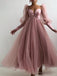 Elegant Pink Long Sleeves V-neck A-line Tulle Long Prom Dresses Evening Dress, OL842