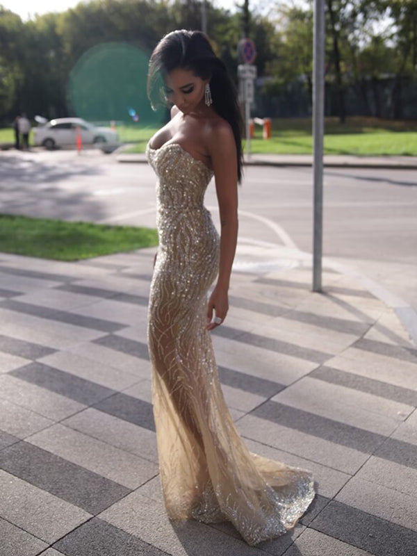 Romantic Mermaid Champagne Sequins Long Prom Dresses Evening Dress, OL – DaintyBridal Romantic Mermaid Champagne Sequins Long Prom Dresses Evening Dress, OL – DaintyBridal