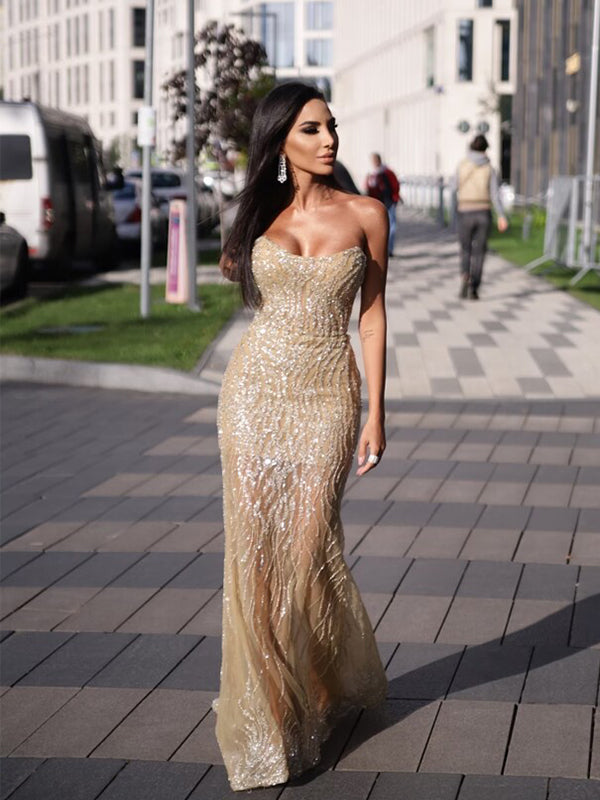 Romantic Mermaid Champagne Sequins Long Prom Dresses Evening Dress, OL DaintyBridal Romantic Mermaid Champagne Sequins Long Prom Dresses Evening Dress, OL DaintyBridal