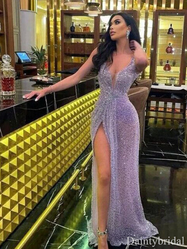 Sparkly Purple V-neck Sheath Sequin Long Prom Dresses Evening Dress with Side Slit, OL917