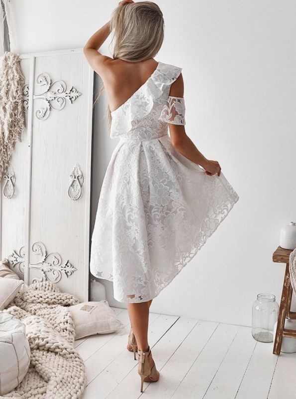 Elegant One Shoulder A-line Ruffle White Homecoming Dresses Online, HD0625