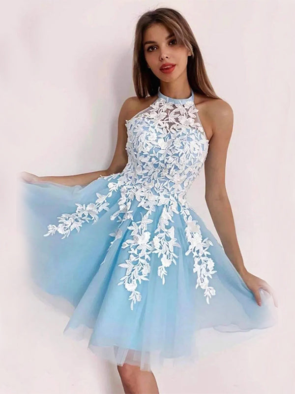 Elegant Halter Applique A-line Light Blue Homecoming Dresses Online, H – DaintyBridal Elegant Halter Applique A-line Light Blue Homecoming Dresses Online, H – DaintyBridal