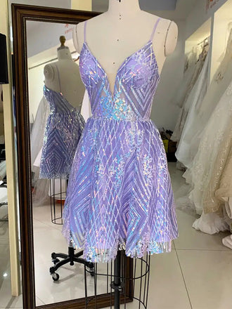 Sparkly Spaghetti Straps V-neck Sequin Short Purple Homecoming Dresses Online, HD0622