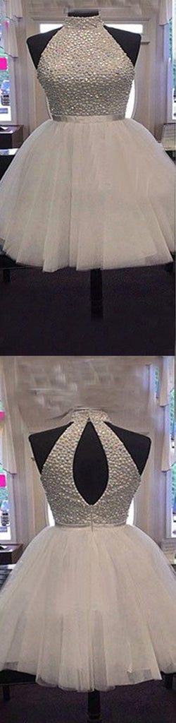 Vintage White Sparkly Beads Halter Keyhole Back Tulle Skirt Mini Homecoming Prom Dress,BD0008