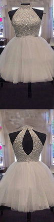 Vintage White Sparkly Beads Halter Keyhole Back Tulle Skirt Mini Homecoming Prom Dress,BD0008