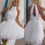 Vintage White Sparkly Beads Halter Keyhole Back Tulle Skirt Mini Homecoming Prom Dress,BD0008