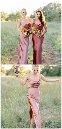 Elegant Spaghetti Straps Scoop Neck Sheath Satin Bridesmaid Dress with Side Slit customized, BG211