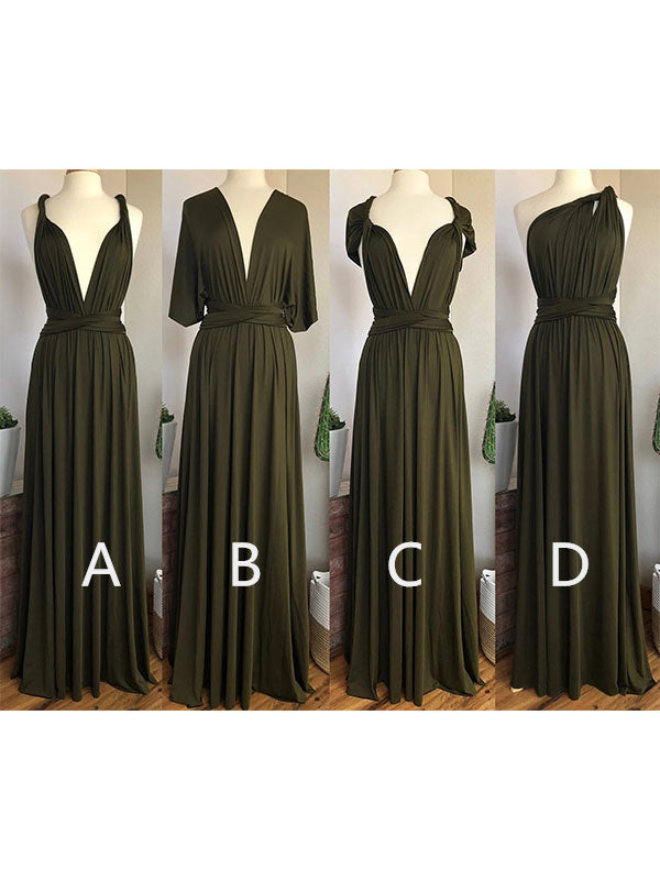 Mismatched Straps V-neck Half Sleeves One Shoulder A-line Long Bridesmaid Dress, BG241