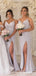 Simple Spaghetti Straps V-neck Sleeveless Column Long Bridesmaid Dress with Side Slit, BG243