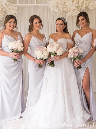 Simple Ivory Spaghetti Straps V-neck Sleeveless Column Long Bridesmaid Dress with Side Slit, BG243