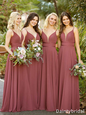 Elegant Red Spaghetti Straps V-neck A-line Chiffon Long Bridesmaid Dress, BG252