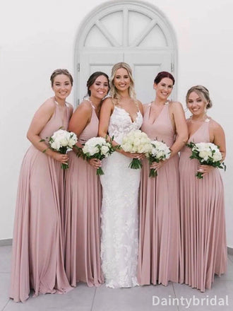 Elegant Pink Deep V-neck A-line Chiffon Long Summer Bridesmaid Dress, BG253