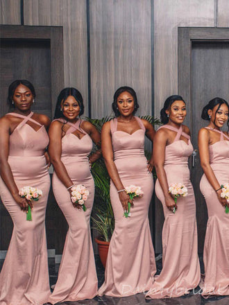 Elegant Pink Cross Straps Mermaid Soft Satin Long Bridesmaid Dress, BG215