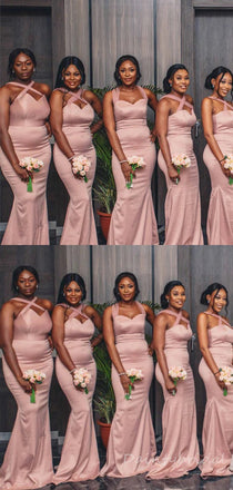 Elegant Pink Cross Straps Mermaid Soft Satin Long Bridesmaid Dress, BG215