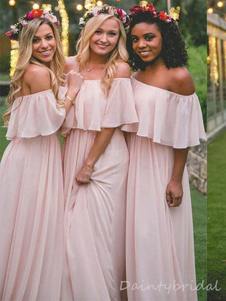 Elegant Pink Off the Shoulder One Line Neck A-line Girl Long Bridesmaid Dress Ideas, BG220
