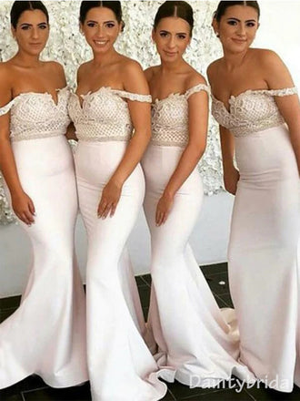 Elegant Ivory Off the Shoulder Applique Mermaid Long Bridesmaid Dress, BG232