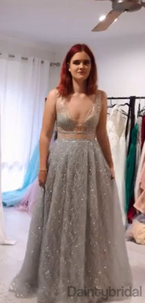 Sexy V-neck Tulle A-line Open Back Long Prom Dresses Evening Dresses.DB10317