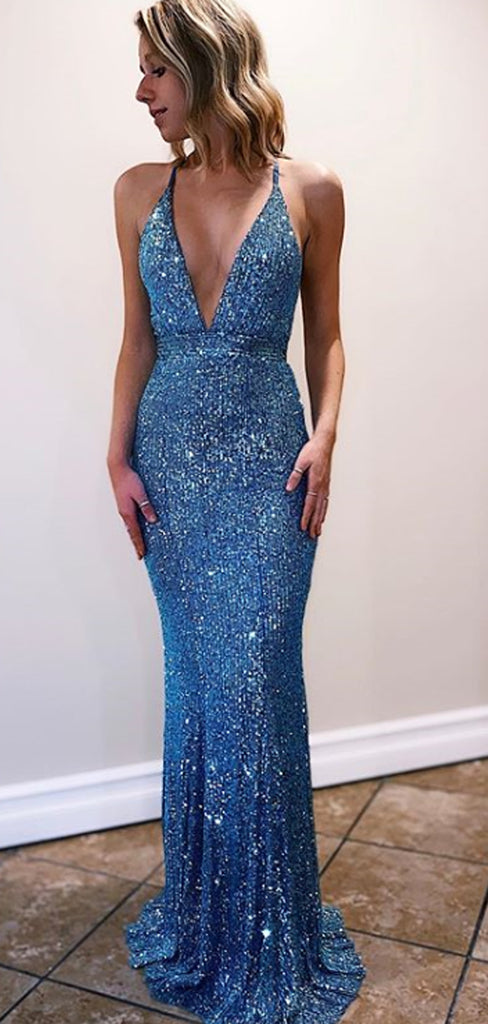 Sexy Sequin Mermaid Spaghetti Straps Long Backless Evening Party Formal Prom Dress,CB0001