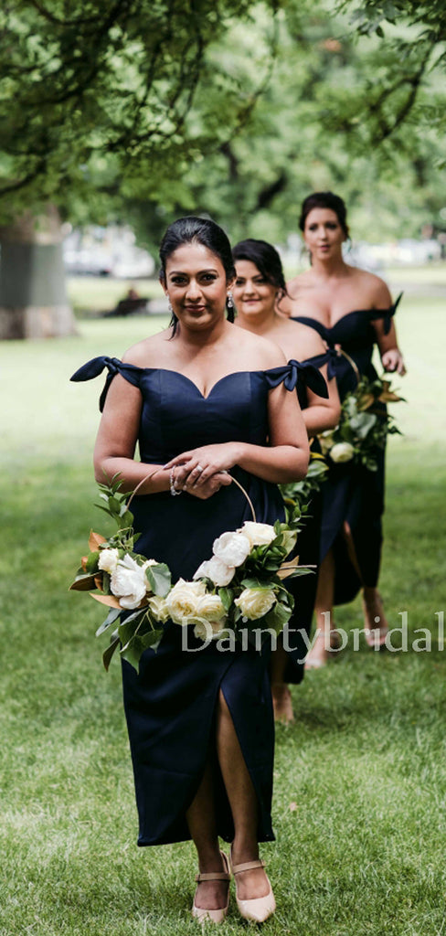Sexy Off-shoulder Sweetheart High-low Side Slit Satin Bridesmaid Dresses.DB10646
