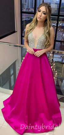 Sexy V-Neck A-line Satin Long Prom Dresses Evening Dresses.DB10361