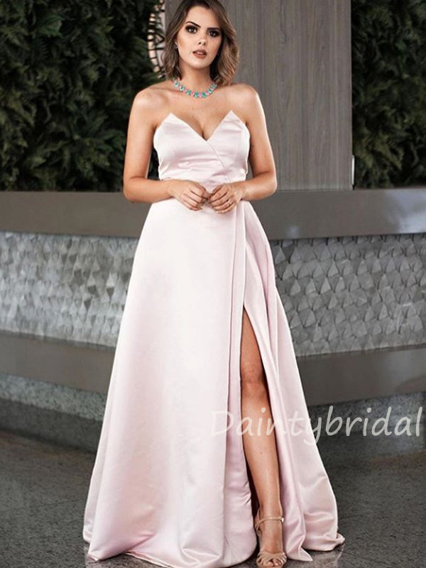 Sweetheart Satin A-line Long Prom Dresses Side Slit Evening Dresses.DB10410