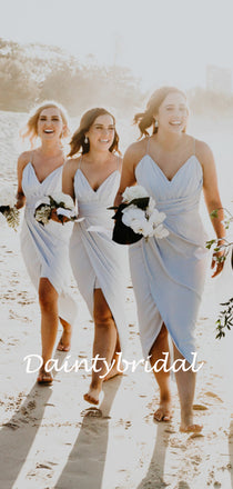 Simple V-neck Spaghetti Strap Side Slit Short Bridesmaid Dresses.DB10040