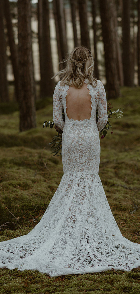 Halter Tulle Lace Long Sleeve See-through Mermaid Wedding Dresses.DB10095