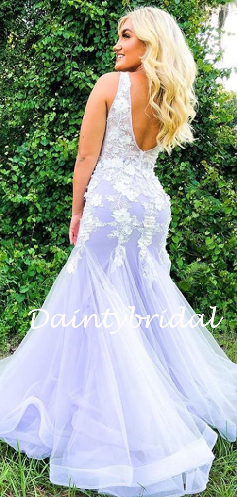 Affordable V Neck Lace Tulle Mermaid Prom Dresses Evening Dresses.DB10800