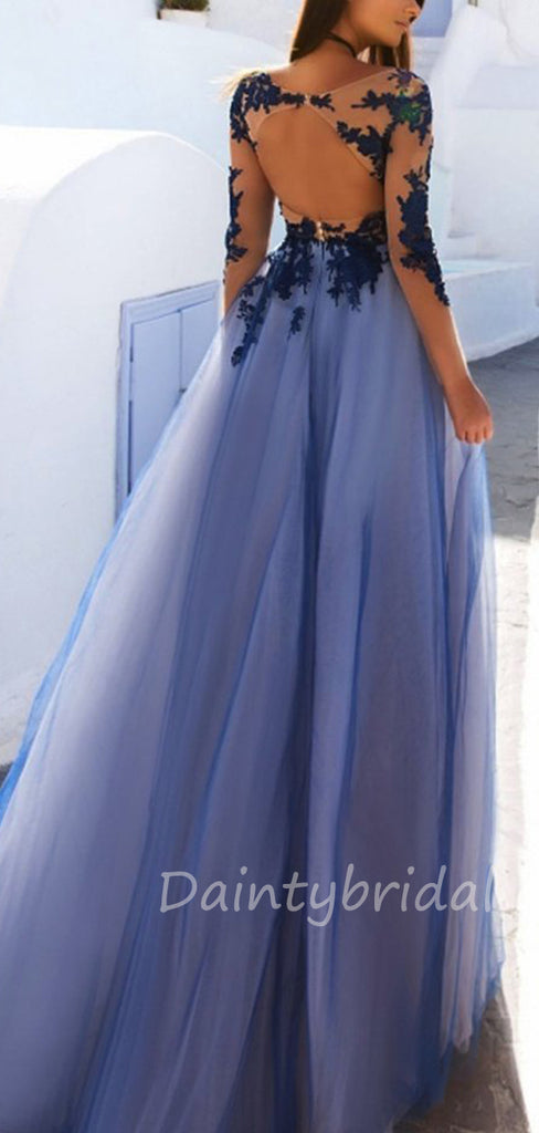 Sexy See Through Blue Lace Long Sleeve Open Back Custom Long Evening Prom Dresses.DB10391