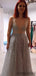 Sexy V-neck Tulle A-line Open Back Long Prom Dresses Evening Dresses.DB10317