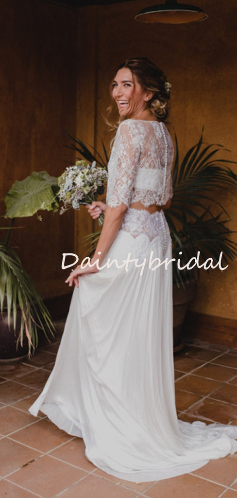 Simple Fashion Scoop Neck Lace Chiffon Short Sleeve Two-piece Evening Party Long Wedding Dresses, DB10691