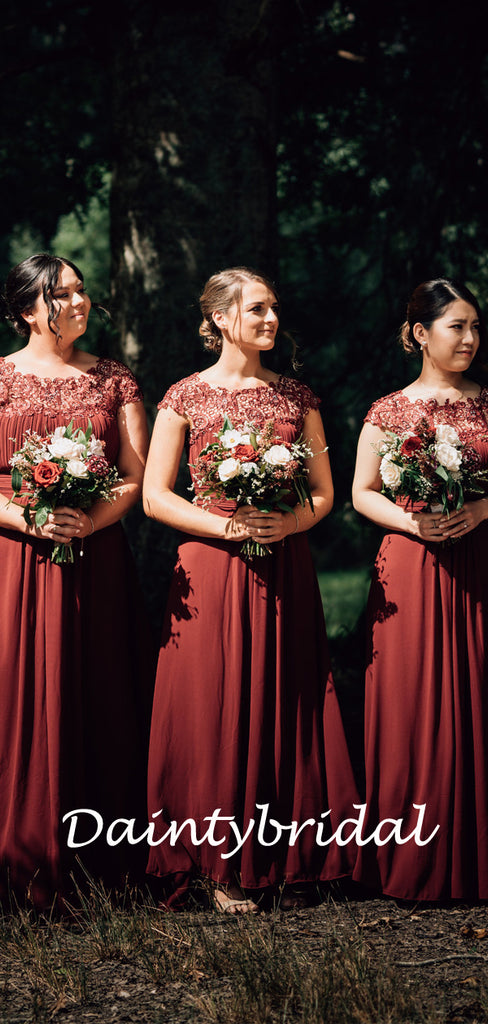 Round Neck A-line Red Chiffon Lace Short Sleeve Bridesmaid Dresses.DB10825