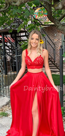 Charming V-neck Two-piece Satin Side Slit Long Prom Dresses Evening Dresses.DB10550