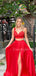 Charming V-neck Two-piece Satin Side Slit Long Prom Dresses Evening Dresses.DB10550