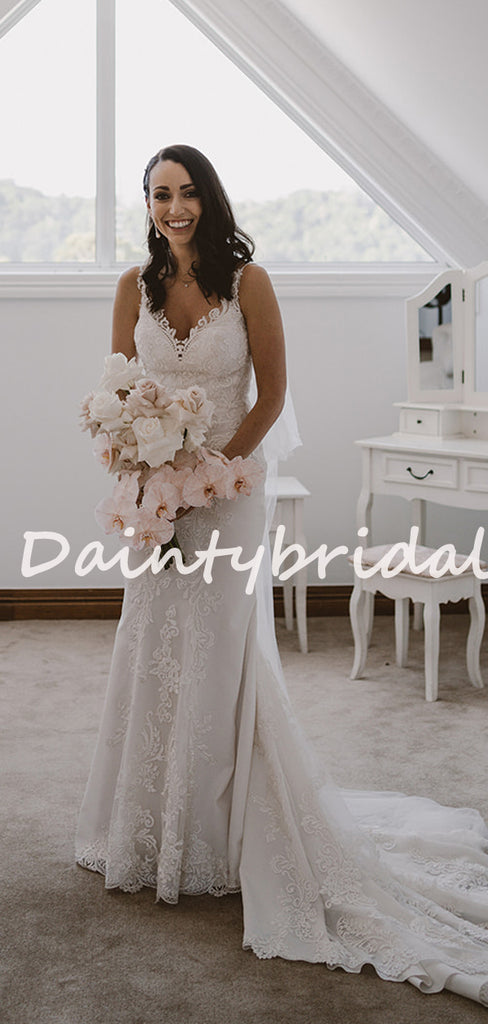 Pretty V-neck Simple Tulle Lace Mermaid Long Wedding Dresses, DB10739